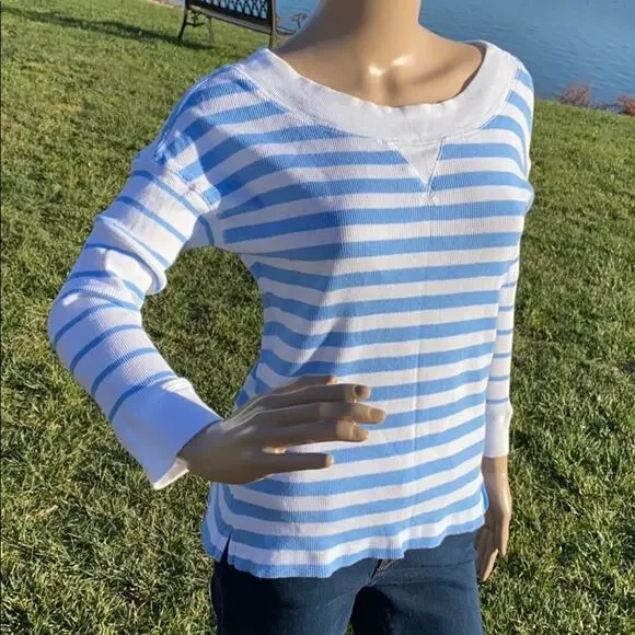 Lauren Ralph Lauren Women's White Blue Stripe Waffle Long Sleeve Sweater Top S - Picture 3 of 8